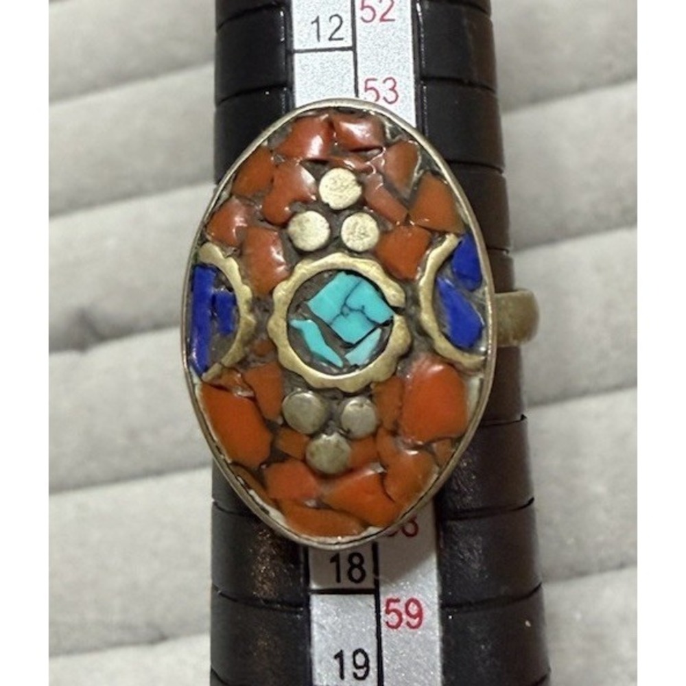 Antique Tibetan Tribal Metal Jewelry Ring with Multi Stone Inlay 7.5 7 1/2 - Picture 7 of 7